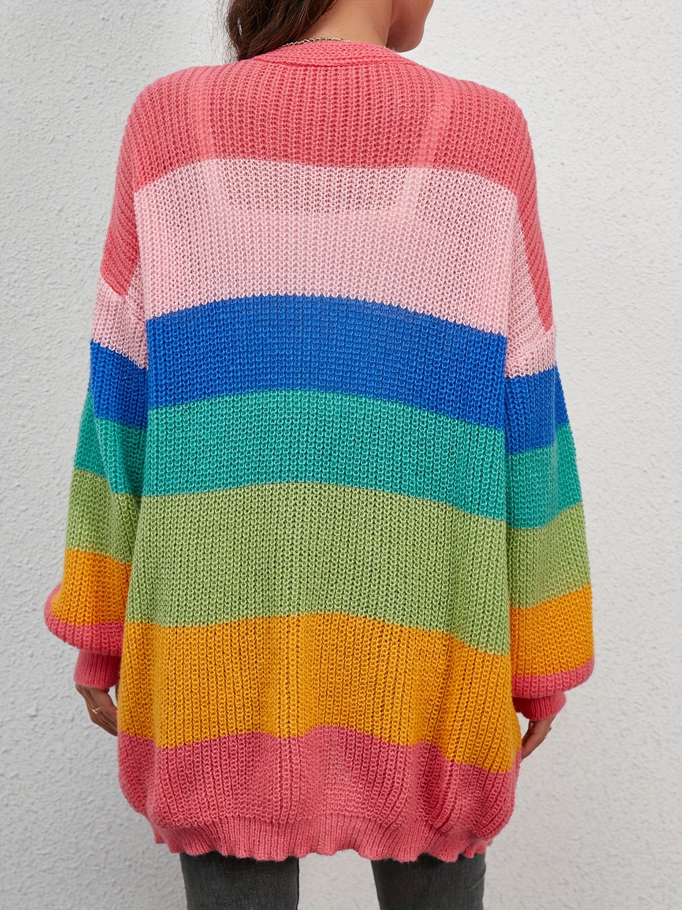 Rainbow Striped Knit Cardigan V-Neck Button Front Sweater