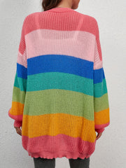 Rainbow Striped Knit Cardigan V-Neck Button Front Sweater