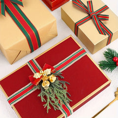 Christmas Ribbon Red Green Striped Golden Ribbon Bow Gift Wrap DIY