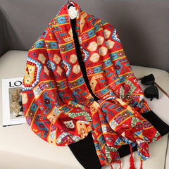 Vintage Geometric Print Scarf Bohemian Tassel Shawl Red