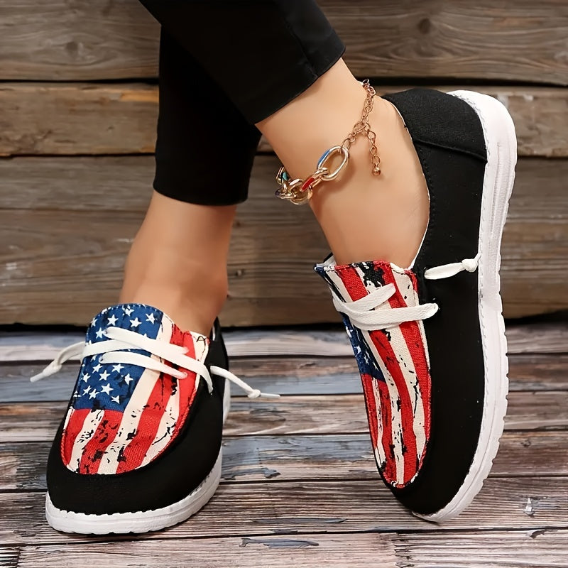 Women's Flag Stitching Canvas Lace-Up Shoes Lightweight Low Top Sneakers