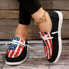 Women's Flag Stitching Canvas Lace-Up Shoes Lightweight Low Top Sneakers