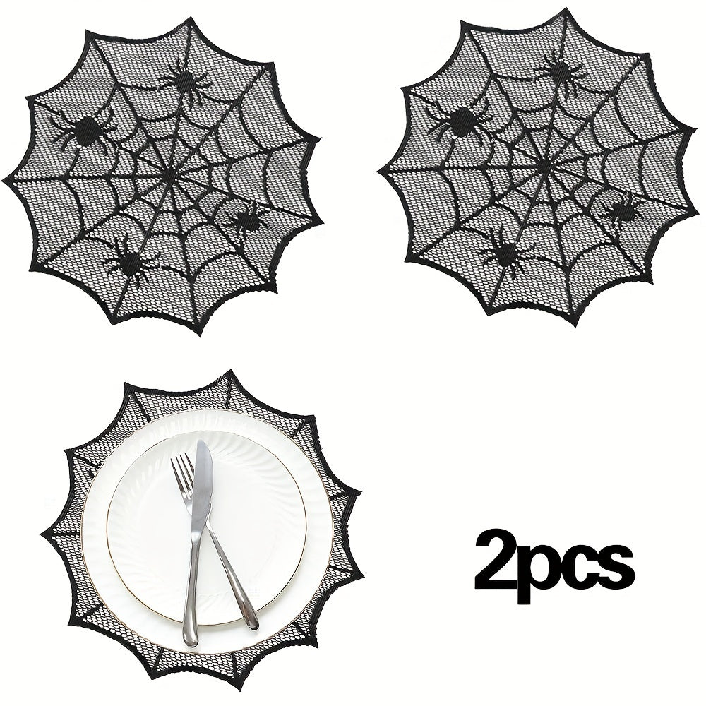 2pcs Halloween Round Placemats Lace Spider Web Table Mat for Party