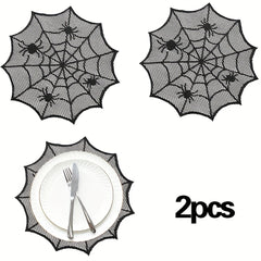 2pcs Halloween Round Placemats Lace Spider Web Table Mat for Party