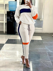 Strip Shirt & Pants Set Women's Casual Round Neck 2pcs Set