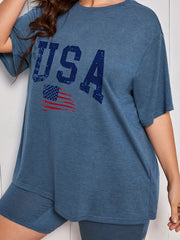 Independence Casual Loungewear Set Women's Plus Flag & Letter Print