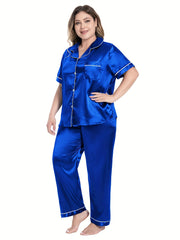 Party Pajamas Set Women's Plus Satin Shirt & Pants 2 Piece Set