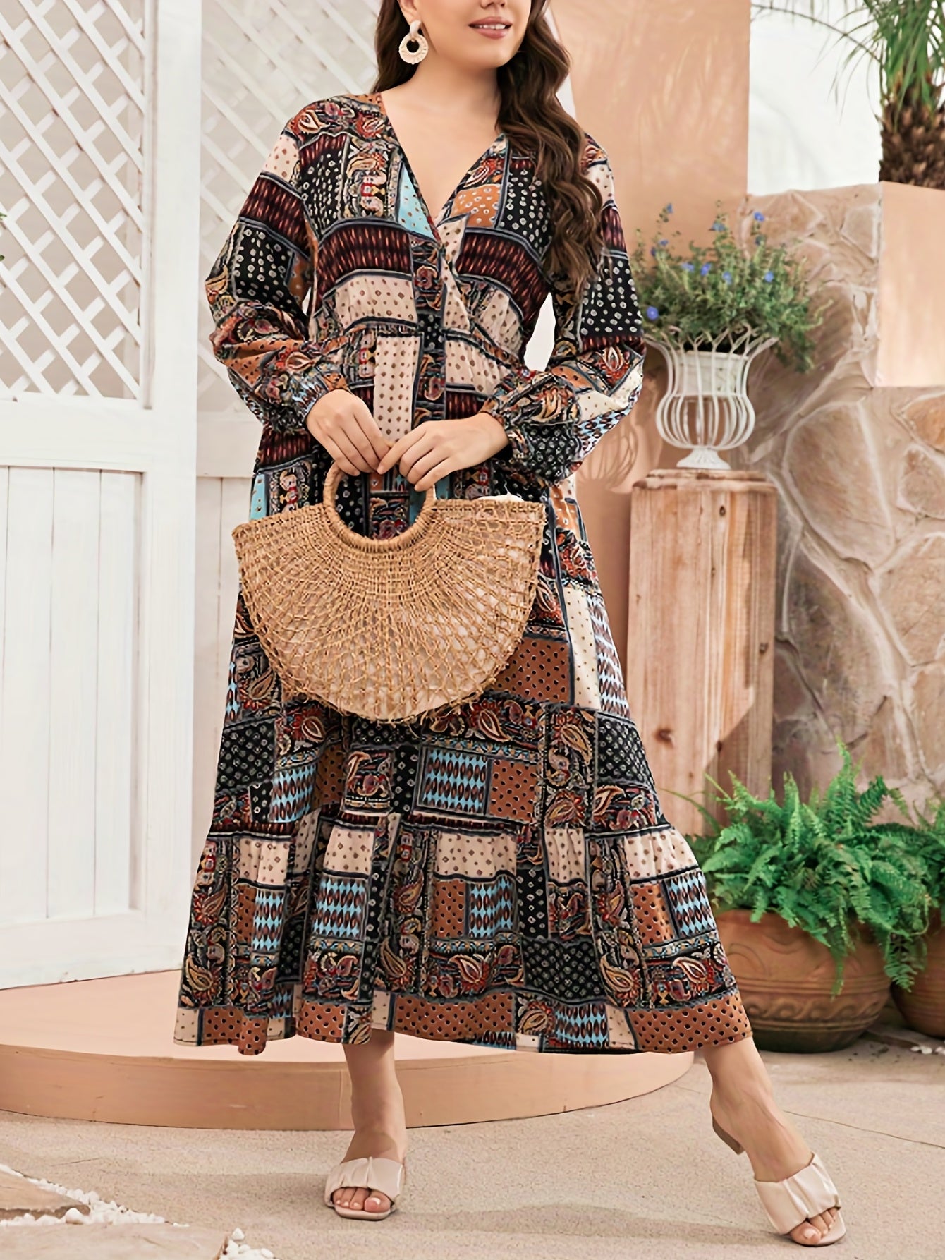 Boho Abaya Dress Paisley & Scarf Print Smock Maxi Jalabiya