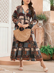 Boho Abaya Dress Paisley & Scarf Print Smock Maxi Jalabiya