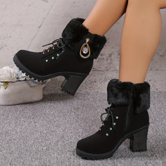 Plush Heeled Ankle Boots with Rhinestone Decor Side Zipper Thermal Chunky Heels