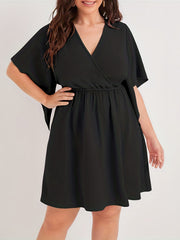 Solid Bell Sleeve Surplice Neck Mini Dress