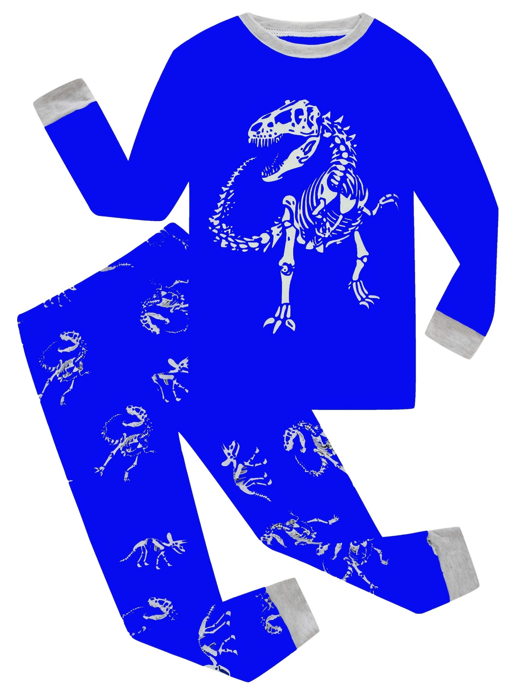 2pcs Dino Skeleton Print Kid's Pajama Set Reflective Pattern Comfy PJ