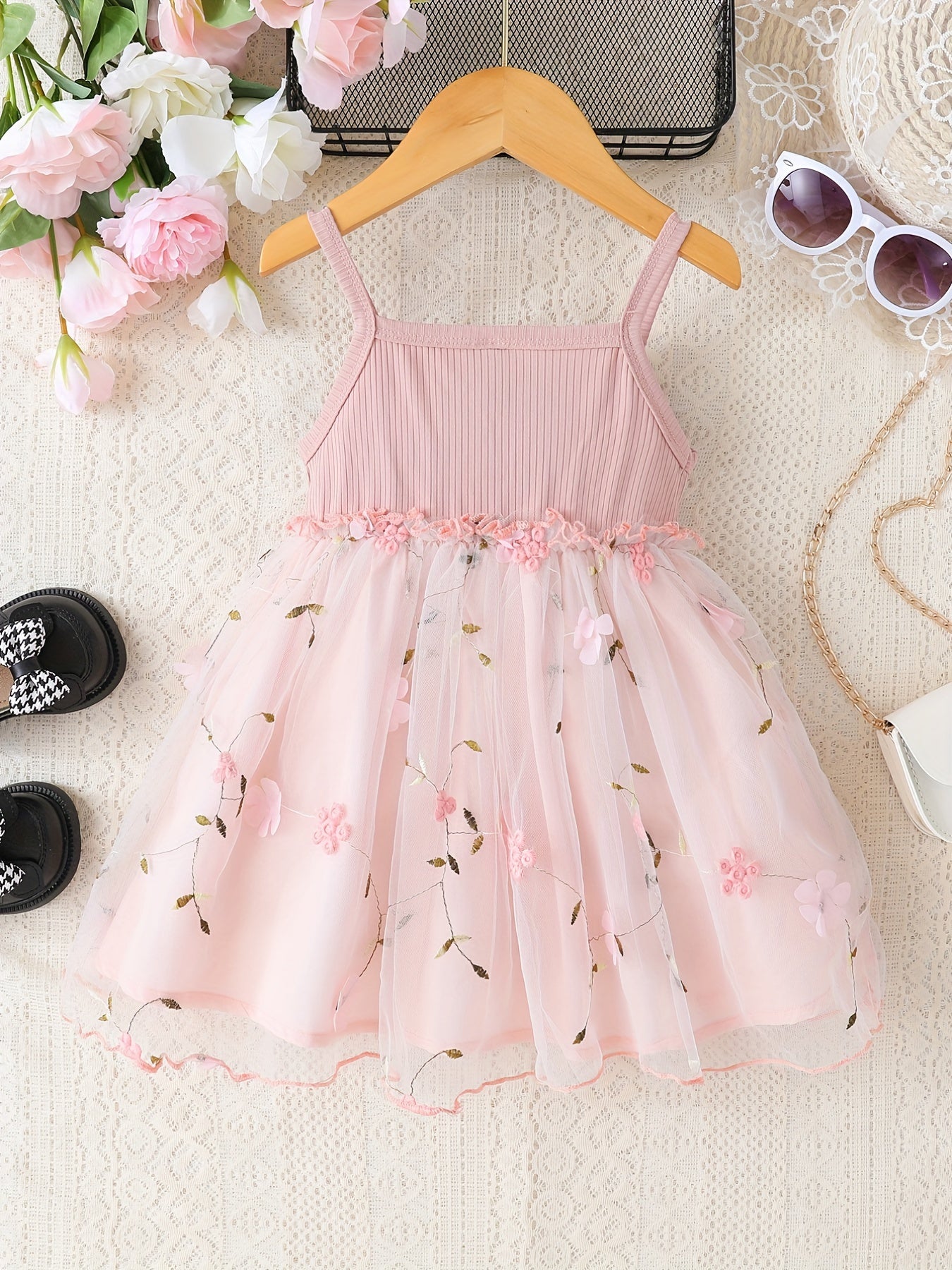 Baby Girls Floral Embroidery Mesh Cami Dress Summer Clothes