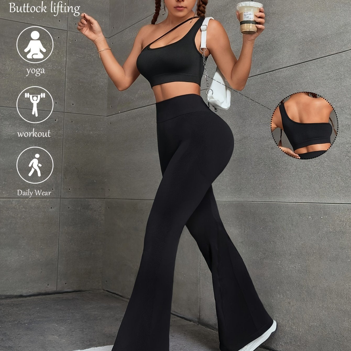 2Pcs Solid Asymmetrical Neck Crop Top & High Waist Seamless Running Pant Set