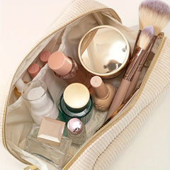 Beige Corduroy Makeup Bag Zipper Travel Brush Holder Organizer
