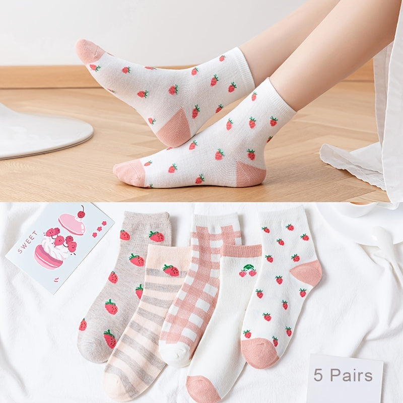 5 Pairs Strawberry Print Socks Women's Crew Stockings