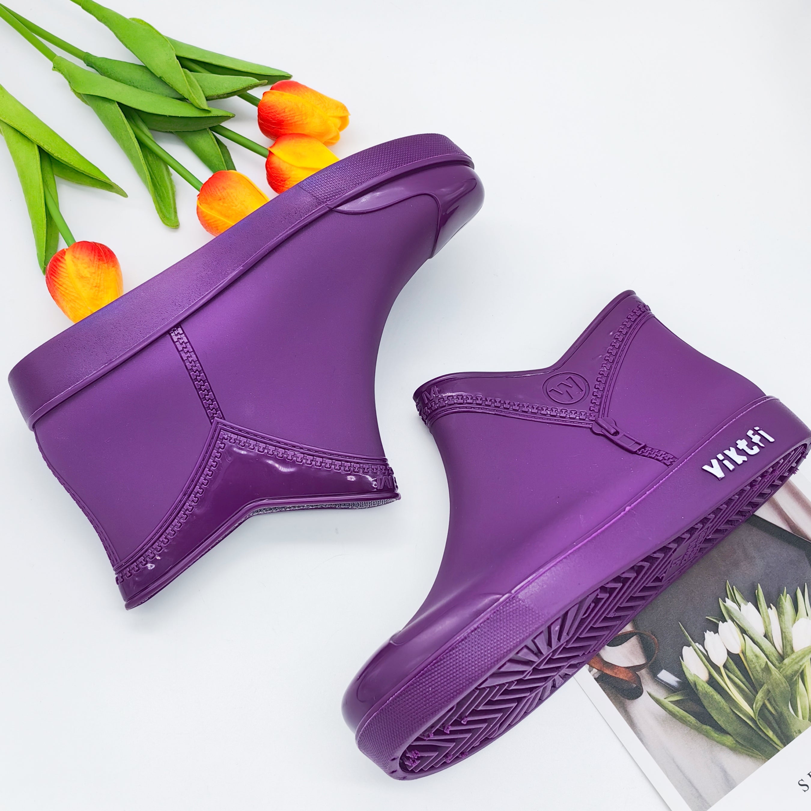 Women's Zipper Rain Boots Low Cut Round Toe Short Boots Waterproof Shoes