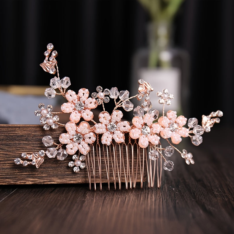 Faux Pearl Crystal Flower Bridal Hair Comb Wedding Hair Accessories Golden