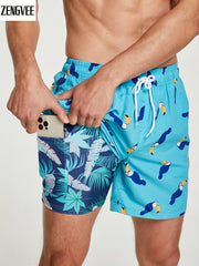 Men's Floral Pattern Print Sports Shorts with Zipper Pocket
