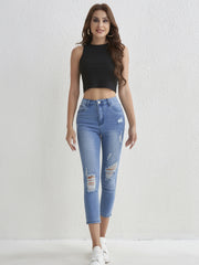 Ripped Holes Cropped Jeans Slim Fit High Stretch Capris Denim Pants