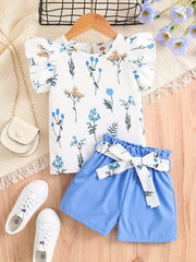 Girls Ruffled Sleeve Flower T-Shirt & Belted Shorts Set Summer Clothes
