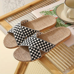 Women's Linen Flat Slides Cross Strap Floral Non Slip Shoes