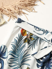 Tropical Print Elastic Waist Beach Shorts With Belt