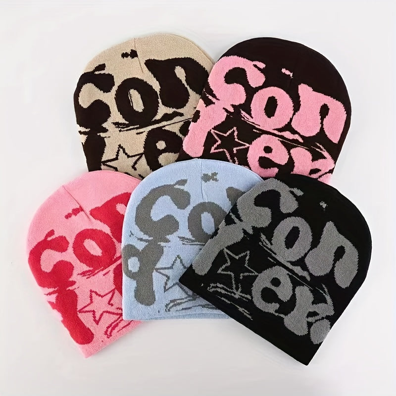 Fashionable Windproof Knitted Beanie Hat with CON Letter Embroidery
