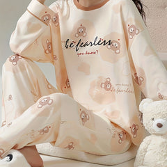 Bear Print Pajama Set Long Sleeve Crew Neck Top & Pant