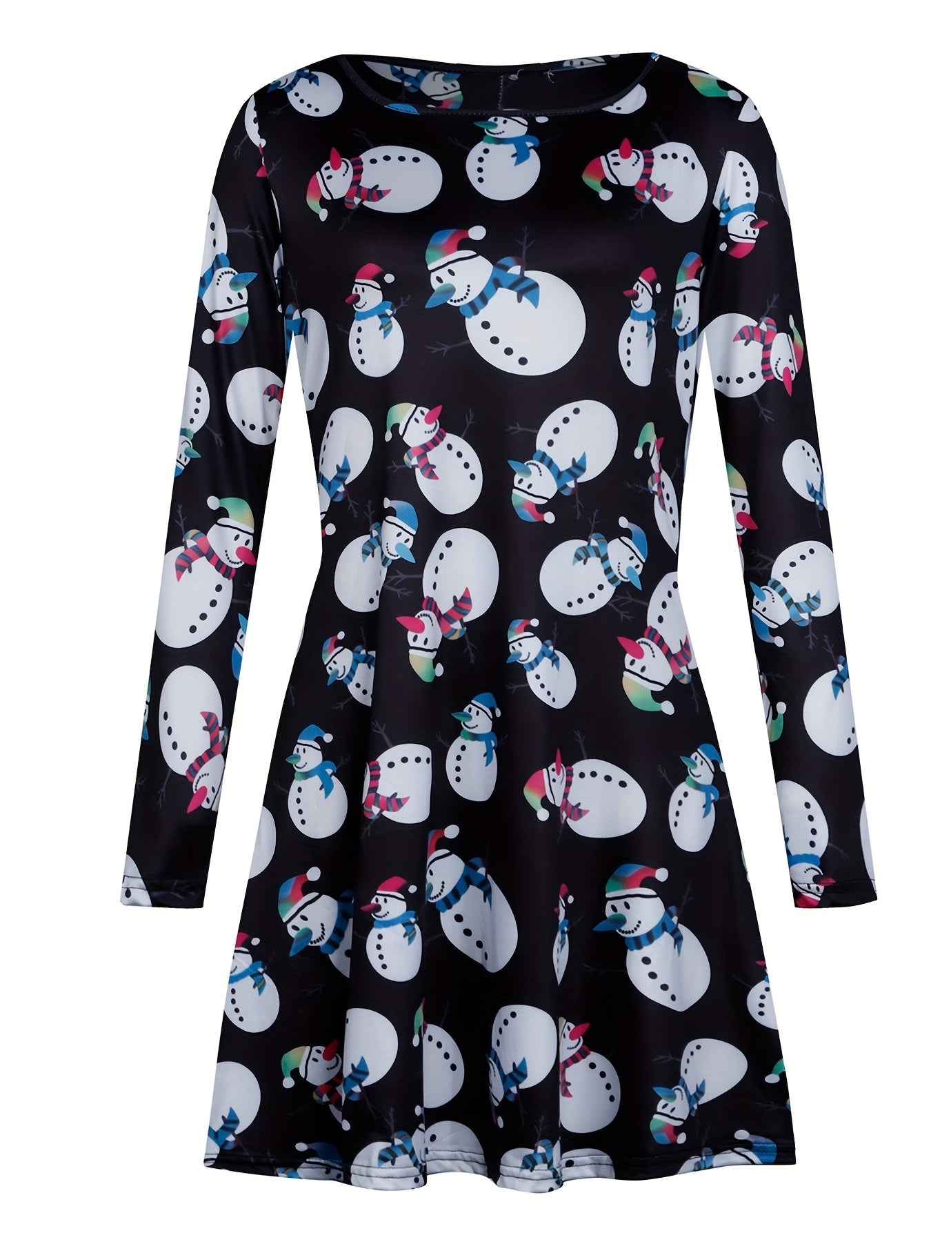 Plus Size Christmas Snowman Print Long Sleeve Mini Dress