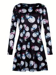 Plus Size Christmas Snowman Print Long Sleeve Mini Dress