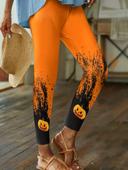 Halloween Leggings Women's Plus Funny Pumpkin Print High Rise High Str