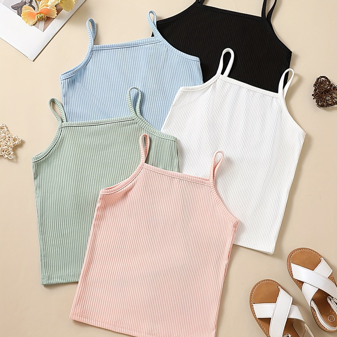 5pcs Toddler Girls Ribbed Knit Cami Top Kids Summer Clothes