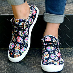 Women's Skull Print Canvas Slip-On Flat Halloween Shoes