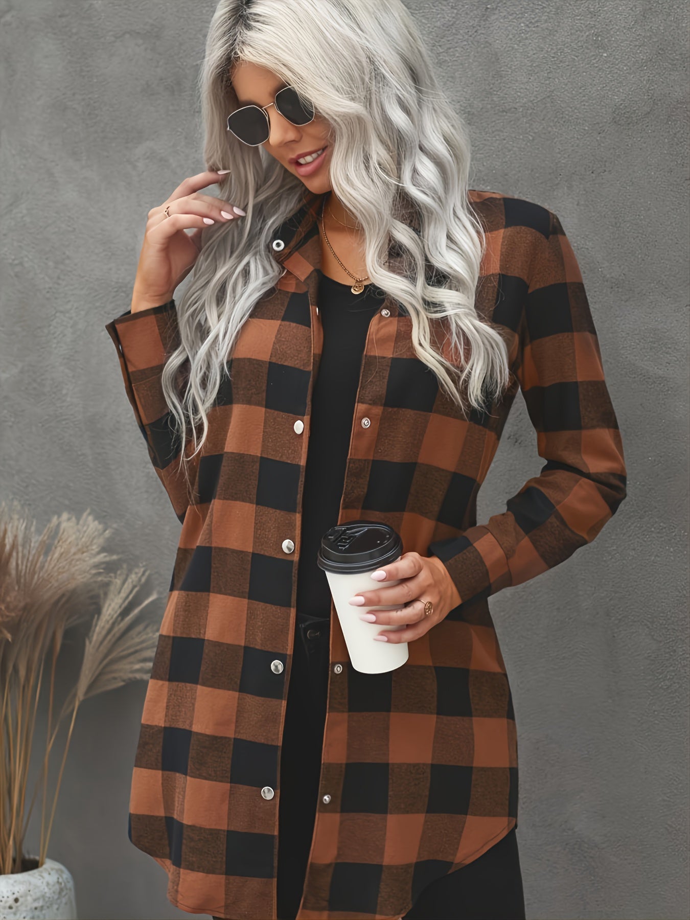 Plaid Shirt Jacket Long Sleeve Button Up Casual Shacket