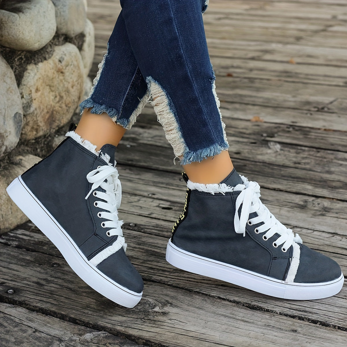 Women's Raw Trim High Lace up Canvas Shoes Round Toe Casual Walking Shoes
