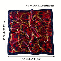 Red Geometric Print Square Scarf Vintage Chain Pattern Satin Shawl