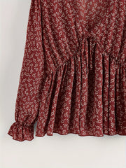 Boho Peplum Floral Blouse V-Neck Tie Front Top
