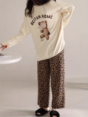 Bear Print Pajama Set Long Sleeve Top & Leopard Pants
