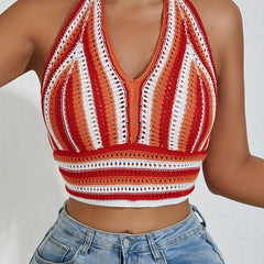 Striped Halter Crop Top Sleeveless Women's Clothing