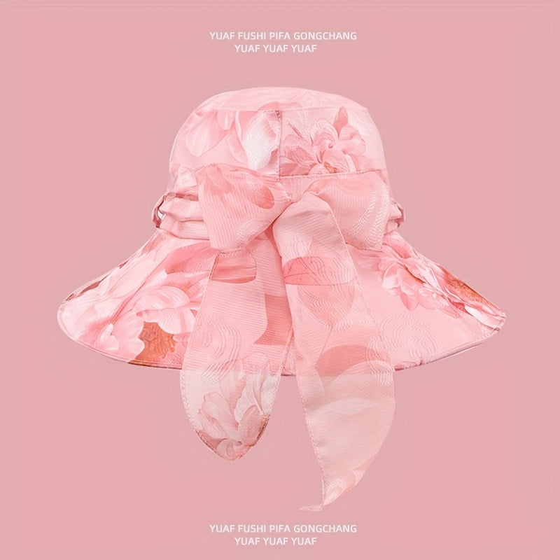 Braided Ribbon Bow Decor Sun Hat Wide Brim Foldable Bucket Hat