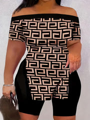 Spring & Summer 2pc Set Geo Print Off Shoulder Tops & Solid Slim Shorts