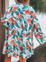 Tropical Floral Print Two Piece Set Open Front Blouse & Elastic Waist Outfits