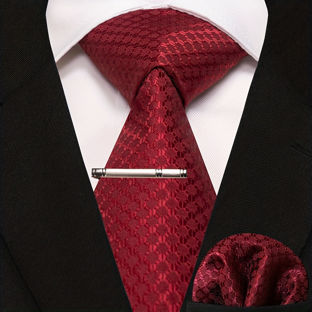 3pcs Dot Plaid Tie & Pocket Square Set w/ Tie Clip - Party & Business Men