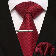 3pcs Dot Plaid Tie & Pocket Square Set w/ Tie Clip - Party & Business Men