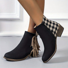 Women's Plaid Ankle Boots Tassel Round Toe Side Zipper Low Heel Short Boots