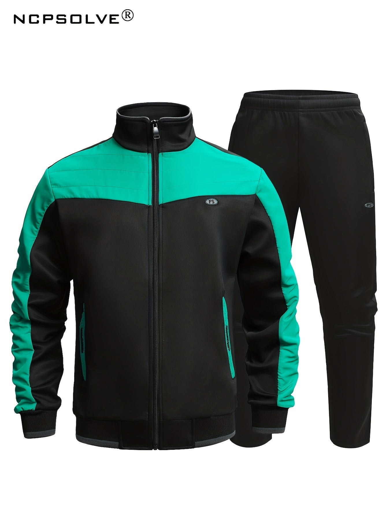 Men's Sports Suit Classic Stand Collar Jacket & Stretch Waist Pants
