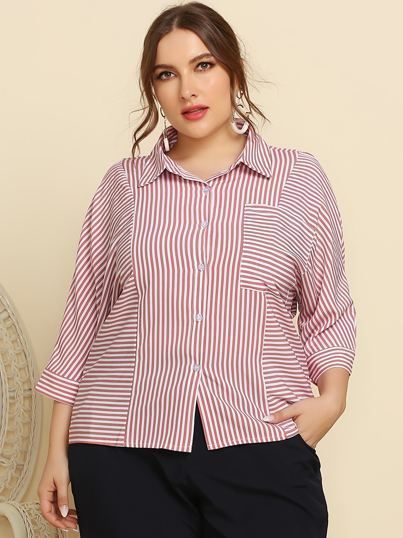 Striped Print Long Sleeve Shirt Women's Plus Button Front