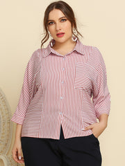 Striped Print Long Sleeve Shirt Women's Plus Button Front