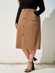Plus Solid High Rise Maxi Skirt With Pockets